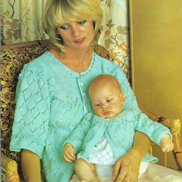 Mother & Baby Bed Jacket Matinee Coat with Lacy Diamond Eyelet and Ribbon Yoke PDF Knitting Pattern 4ply 17 - 19" and 34 - 38" Vintage