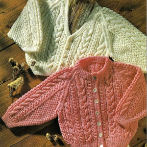 Baby Boys Girls Raglan Cardigan Cable Design Jacket V or Crew Neck PDF Knitting Pattern DK 8 ply 16 - 22&quot; Vintage Download 4650