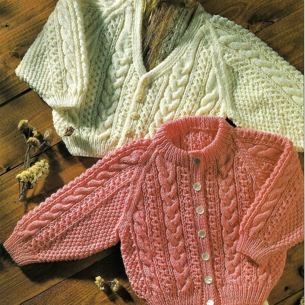Baby Boys Girls Raglan Cardigan Cable Design Jacket V or Crew Neck PDF Knitting Pattern DK 8 ply 16 - 22" Vintage Download 4650