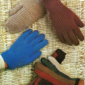 May include: Four pairs of knitted gloves in different colors and styles. The gloves are made of a soft, textured yarn. The gloves are displayed on a woven background.