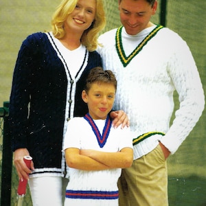 Ladies Mens Boys Girls Cricket Style Tank Top Cable Cardigan Jumper Sweater PDF Knitting Pattern DK ( 8 ply ) Womens 24 - 46&quot; 3 - Adult 1066