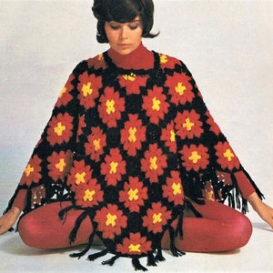 PDF Crochet Pattern Womens Vintage Granny Square Poncho Fringe Ladies One Size Aran ( Worsted , 10 ply ) 70&#39;s Style Hippy Download