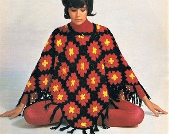 PDF Crochet Pattern Womens Vintage Granny Square Poncho Fringe Ladies One Size Aran ( Worsted , 10 ply ) 70's Style Hippy Download