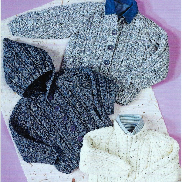 Baby Boys Textured Hooded Jacket Cardigan Sweater PDF Knitting Pattern Aran ( 10ply, worsted ) 20 - 30" 1 - 10 years Downloadable