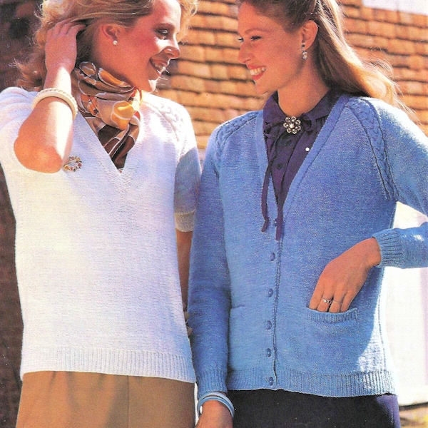 PDF Knitting Pattern ladies Raglan Cardigan Plain with Pockets Long or Short Sleeve Top Sweater V Neck Jumper 4 ply 32 - 40" Vintage Womens