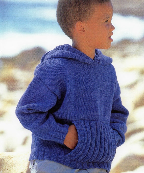 Boys Girls Hoody Hooded Sweater Double Pocket Jumper Pullover PDF Knitting Pattern DK 8 Ply 22 32 Age 2 13 Yrs Vintage Etsy UK