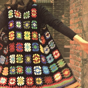 Ladies Long Granny Square Sleeveless Jacket Cardigan Waistcoat PDF Crochet Pattern DK ( 8 ply )  34 - 36&quot; Vintage 70s Download