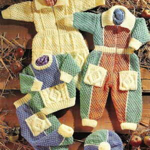 May include: Knitting pattern for a baby's knitted outfit, including a jacket, sweater, pants, and hat. The outfit is made in a variety of colors, including yellow, green, blue, and orange. The pattern is called "Bizy Fingers" and is from "Countrywise Aran".