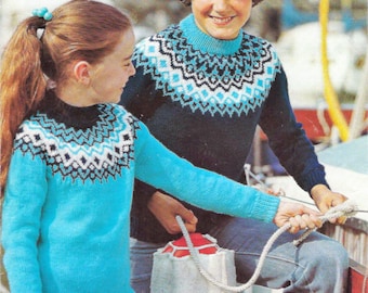 Boys Girls Fair isle Yoke Sweater Jumper Vintage PDF Knitting Pattern DK ( 8 ply ) 26 - 32" Age 5 - 12 Childs Yoked Downloadable