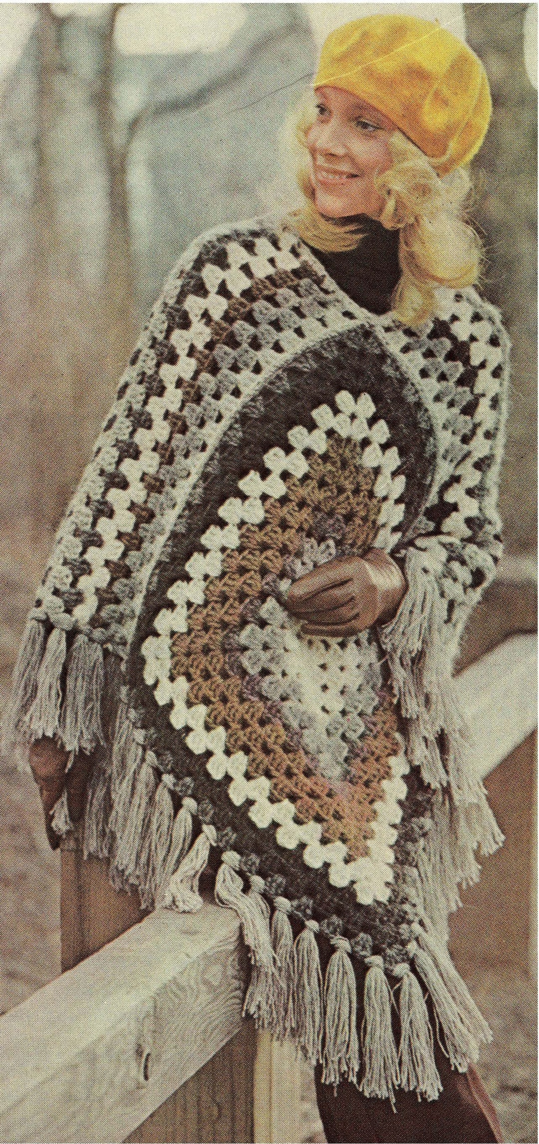 Ladies Womens Granny Square 70s Style Fringed Poncho PDF Crochet