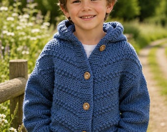 Quick Knit Unisex Hooded Jacket Knitting Pattern PDF Super Chunky Boys Girls Hoody 24 - 34" Download