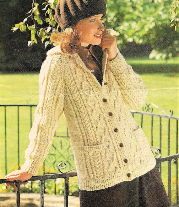 Ladies Long Cable Jacket Cardigan Collar Pockets Raglan PDF Knitting  Pattern Aran 10 ply worsted 34 40