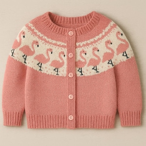 Puede incluir: Un cárdigan de punto rosa con un estampado de flamencos. El suéter tiene cuello redondo, cierre de botones en la parte delantera y mangas largas. El diseño de flamenco es rosa y crema, con el número 4 debajo de cada flamenco.