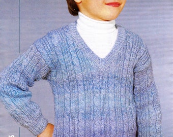 Boys Girls V Neck Cable Sweater Jumper PDF Knitting Pattern DK ( 8 ply ) 22 - 32" 1 - 11 years Vintage Download 3035