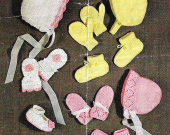 Baby Girls Boys Hat Peak Bonnet Diamond Eyelet Lacy Booties Mittens Shoes PDF Knitting Pattern DK ( 8 ply ) 6 - 12 mths Vintage Downlaod 701