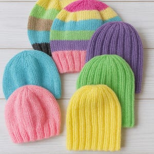 Easy Knit Premature Baby Hat Knitting Pattern Rib Striped & Plain Beanie Hats DK ( 8ply )  Weight 2lbs - 2 yrs - 7 sizes PDF Downloadable