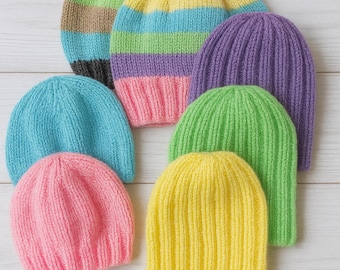 Easy Knit Premature Baby Hat Knitting Pattern Rib Striped & Plain Beanie Hats DK ( 8ply )  Weight 2lbs - 2 yrs - 7 sizes PDF Downloadable
