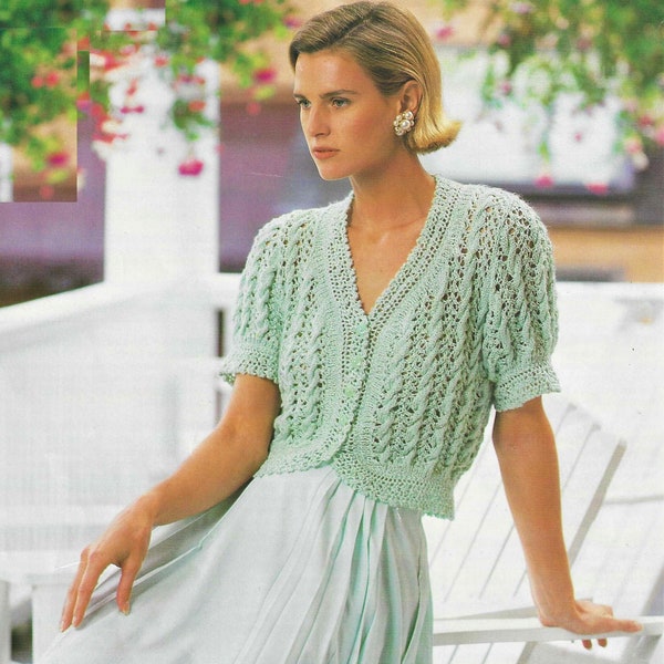 Ladies Short Sleeve Lacy Summer Cardigan Crop Jacket Bolero PDF Knitting Pattern Cotton DK ( 8 ply ) 28 - 40" Womens Vintage Downlaod