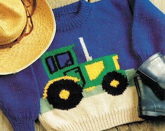 Boys Girls Adult Tractor Intarsia Motif Sweater Jumper PDF Knitting Pattern Aran ( 10 ply ) Chunky ( Bulky ) 22 - 48" Age 1 - Adult Downlaod