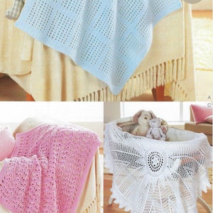 May include: Three crocheted baby blankets in different colours and patterns. The first blanket is light blue with a simple open stitch pattern. The second blanket is pink with a more intricate pattern. The third blanket is white with a circular pattern and a scalloped edge. Crochet.