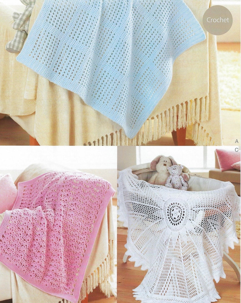 May include: Three crocheted baby blankets in different colours and patterns. The first blanket is light blue with a simple open stitch pattern. The second blanket is pink with a more intricate pattern. The third blanket is white with a circular pattern and a scalloped edge. Crochet.