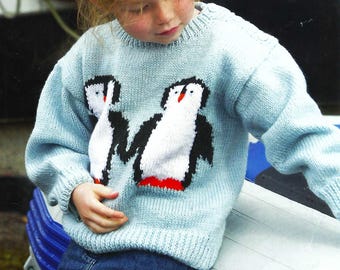 Childs Penguin Motif Sweater Knitting Pattern PDF Girls Boys Christmas Jumper Pullover DK 8ply Baby Toddler Age 6m - 6 yrs 20 - 25" Download