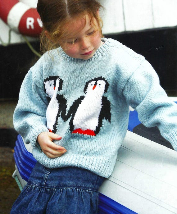 Childs Penguin Motif Sweater Knitting Pattern PDF Girls Boys
