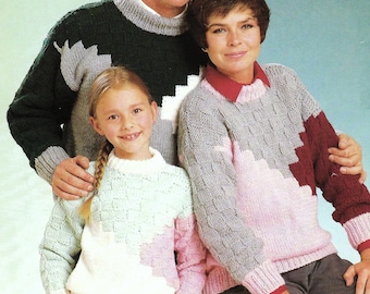 Mens Ladies Childs Basket weave Colour Block Effect Sweater Jumper Family PDF Knitting Pattern DK or Chunky 24 - 44" Age 3 - Adult Vintage