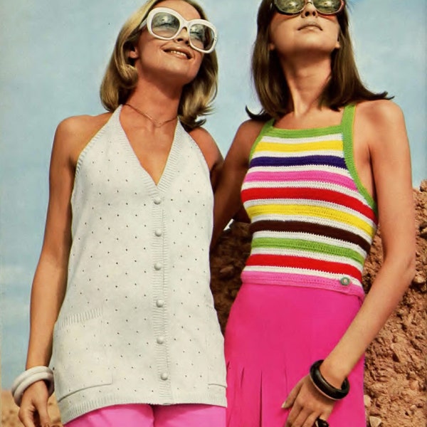Ladies Halter Neck Long Cardigan & Striped Vest Top Summer Sun PDF Knitting Pattern 4 ply ( fingering ) 32 - 38" Vintage Womens Download