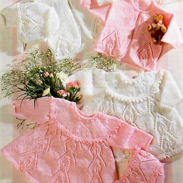 Baby Girls Pretty Picot Yoked Long Sleeve Dress Bonnet Jacket Cardigan PDF Knitting Pattern DK 8 ply 4 ply 16 - 20" 0 - 12m  Vintage  5136