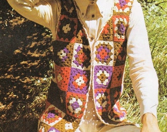 Ladies Granny Square Waistcoat Sleeveless Summer Cardigan PDF Crochet Pattern DK ( 8 ply ) One size to fit up to 36in Vinatge 70s Downlaod