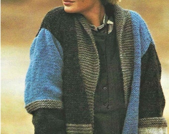 Ladies Easy Knit Patchwork Colour Block Jacket Long Cardigan PDF Knitting Pattern Chunky Bulky 12 ply 34 - 38" Vintage Download Garter St