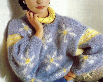 Ladies Daisy Motif Sweater Jumper Loose Fit 80s Style Flower Intarsia PDF Knitting Pattern Mohair Chunky ( Bulky, 12 ply ) 34 - 38" Vintage