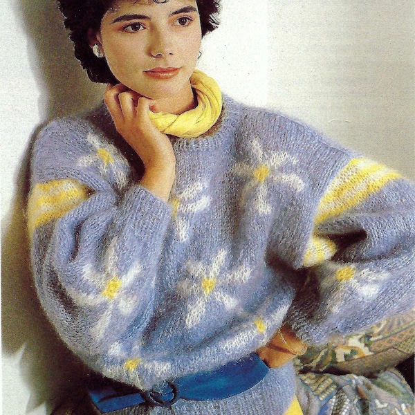 Ladies Daisy Motif Sweater Jumper Loose Fit 80s Style Flower Intarsia PDF Knitting Pattern Mohair Chunky ( Bulky, 12 ply ) 34 - 38" Vintage