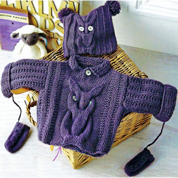 Boys Girls Cable Owl Motif Sweater Jumper Hat Mittens PDF Knitting Pattern 4 ply 16 - 20" 0 - 14 mths