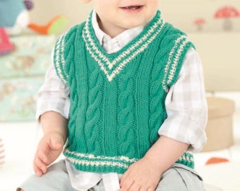 Baby Boys Cable Tank Top Sleeveless Summer Slipover V Neck Cricket Sweater PDF Knitting Pattern DK ( 8 ply ) 16 - 26" 0 - 7 Yrs