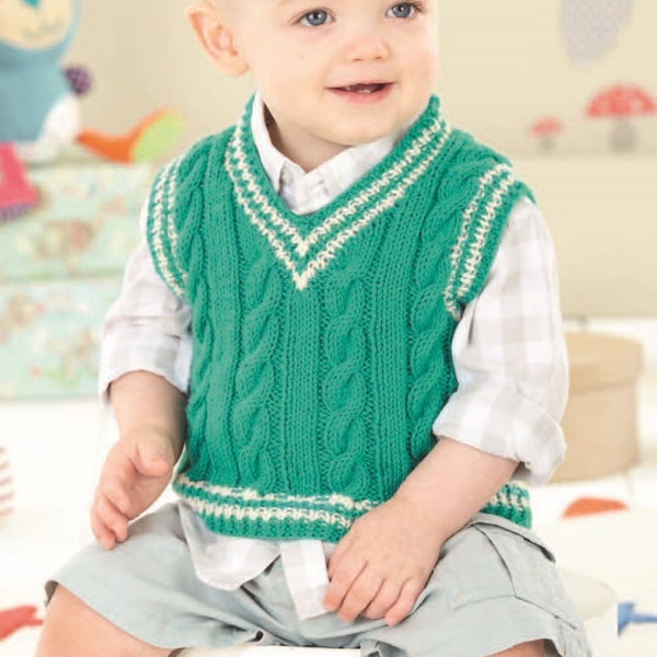 Baby Boys Cable Tank Top Sleeveless Summer Slipover V Neck Cricket Sweater PDF Knitting Pattern DK ( 8 ply ) 16 - 26" 0 - 7 Yrs