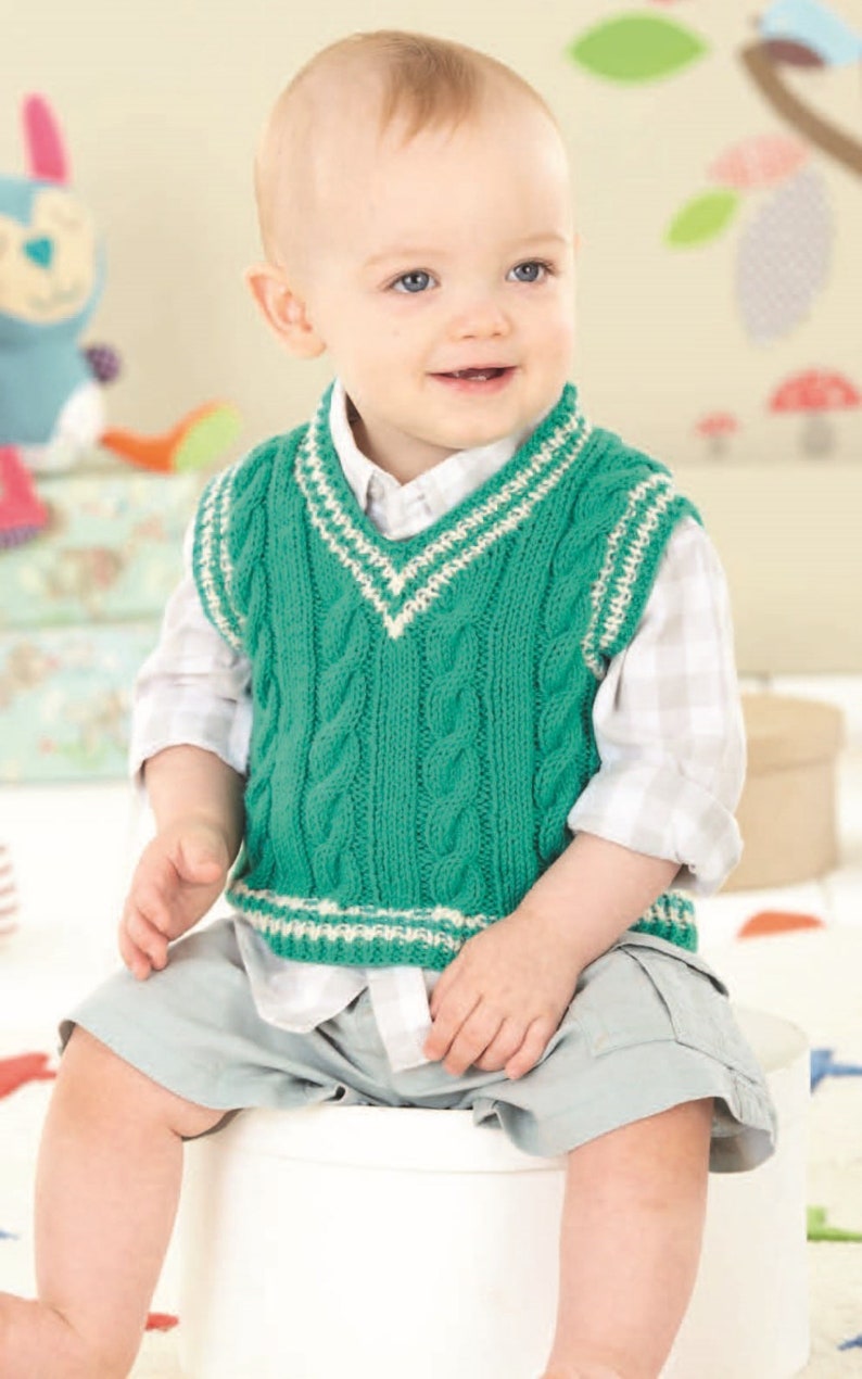 Baby Boys Cable Tank Top Sleeveless Summer Slipover V Neck Cricket Sweater PDF Knitting Pattern DK 8 ply 16 26 0 7 Yrs image 1