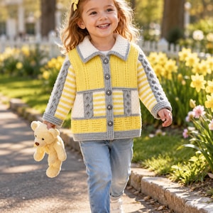 Può includere: Un cardigan in maglia giallo e bianco con colletto testurizzato, dettagli a trecce grigie sulle maniche e cinque bottoni decorativi. Il capo presenta un mix di righe verticali e motivi geometrici, abbinato a jeans azzurri e scarpe da ginnastica.