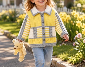 May include: A yellow and white knit cardigan with a textured collar, grey cable-knit sleeve accents, and five decorative buttons. The garment features a mix of vertical stripes and geometric patterns, paired with light blue denim jeans and white sneakers.