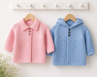 Baby Hooded Jacket & Raglan Cardigan Knitting Pattern PDF DK 8ply Age 3mths - 2 years Toddler Boys Girls Download