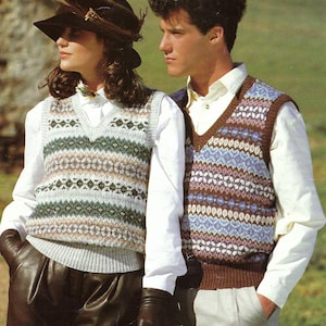 Womens Mens Fair Isle Tanktop V Neck Slipover Vest Knitting Pattern PDF Ladies Gents Classic Sleeveless Sweater DK 8ply 32 - 42&quot; Download