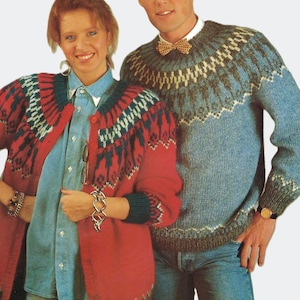 Mens Ladies Chunky Fair Isle Yoke Cardigan & Sweater Knitting Pattern PDF His Hers Womens Yoked Jumper Jacket Bulky 12ply 32 - 42&quot; Download