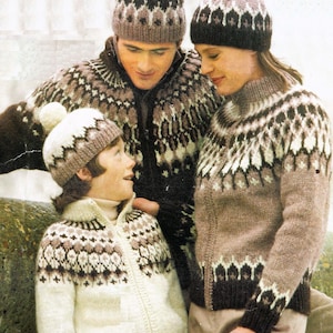 Mens Ladies Girls Boys Fair Isle Jacket Cardigan Hat PDF Knitting Pattern Chunky ( Bulky, 12 ply ) 28 - 44&quot; Adult Childs Nordic Vintage 4857