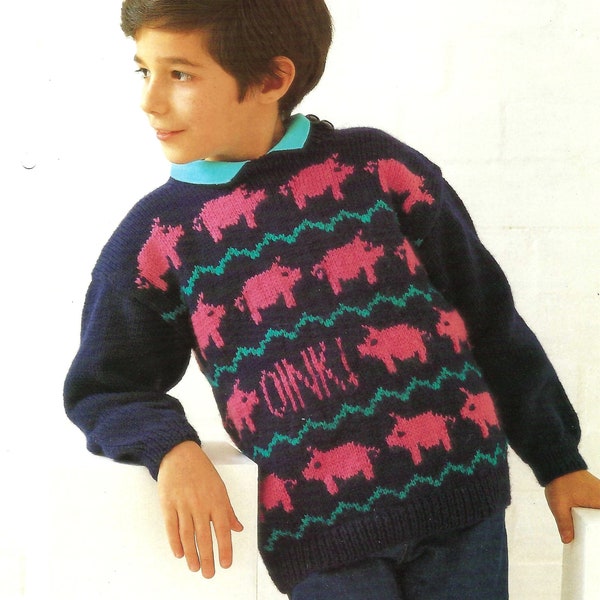 Childs Pig Fair Isle Motif Sweater Farm Animal Jumper Boys & Girls PDF Knitting Pattern DK ( 8 ply ) 24 - 30" Age 3 - 10 Vintage Download