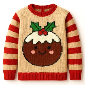 以下が含まれることがあります： ベージュ色のニットクリスマスセーター。笑顔のクリスマスプディングのデザイン。セーターは赤と白のストライプの袖、赤いネックライン、赤い裾があります。プディングには緑色のヒイラギの葉と赤いベリーがあります。