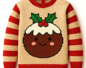 Cute Christmas Pudding Motif Sweater PDF Knitting Pattern Baby Toddler Boys Girls Festive Jumper Striped Sleeve DK 8ply 18 - 26" 3m - 6 yrs