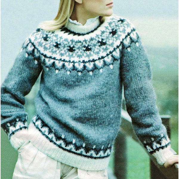 Ladies Fair Isle Yoke Sweater Icelandic style Jumper PDF Knitting Pattern Chunky ( bulky ) 34 - 44" Vintage Digital Download