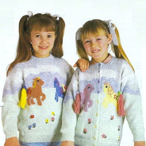 Girls My Little Pony Motif Sweater Jumper & Cardigan PDF Knitting Pattern DK ( 8 ply ) 26 - 30" Age 5 - 10 years Vintage Intarsia Download