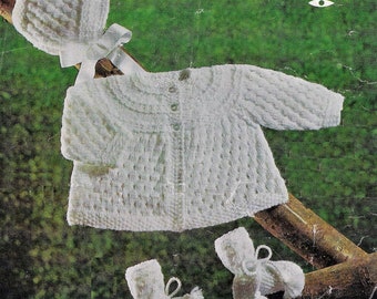 Baby Girls Yoked Matinee Coat Bonnet & Booties Jacket Cardigan PDF Knitting Pattern DK ( 8 ply ) 18 - 20" 3 - 12 mths Vintage Download